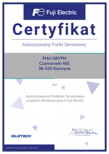 Certyfikat autoryzacji - klimatyzacja FujiElectric - GRYPH 2021