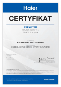 Certyfikat autoryzacji - klimatyzacja HAIER - GRYPH 2022