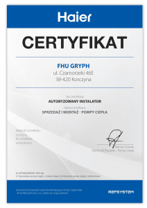 Certyfikat autoryzacji - pompy ciepła HAIER - GRYPH 2022