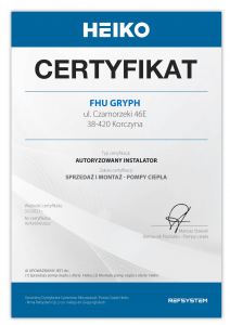 Certyfikat autoryzacji - pompy ciepła HEIKO - GRYPH 2022