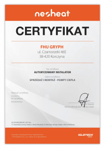 Certyfikat autoryzacji - pompy ciepła NEOHEAT - GRYPH 2022