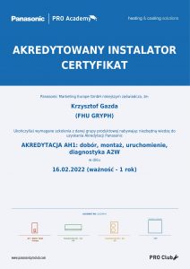 Certyfikat autoryzacji - pompy ciepła PANASONIC - GRYPH 2022