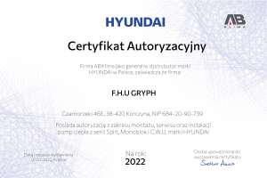 Certyfikat autoryzacji - pompy ciepła HYUNDAI - GRYPH 2022